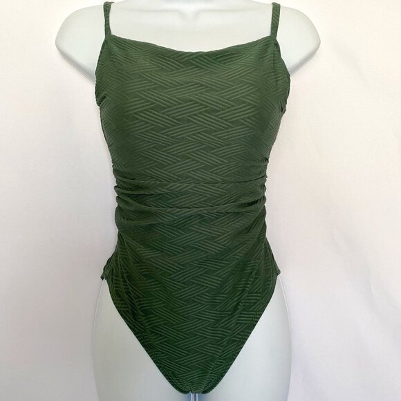 One Piece Dark Green Abstract Pattern Bathing Suit - Picture 1 of 11